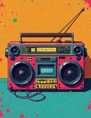 The primary subject of the image is a pink and yellow radio, which is the main object in the scene. The radio is placed on a table, and it appears to be a retro-style radio with a cassette player. The setting is a room with an orange background, which adds a vibrant and warm atmosphere to the scene. The visual style of the image is a combination of digital art and illustration, creating a unique and eye-catching design. The colors and mood of the image are predominantly p